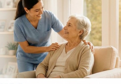 Profesional de salud atendiendo a una paciente en su casa